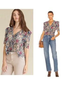 Veronica Beard Gwendoline Floral Silk Top Blouse Shirt Ruffles Button ASO TV 14